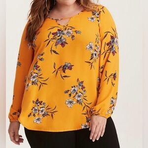 Torrid Mustard Yellow Floral Top SZ 4 long sleeves Preowned excellent